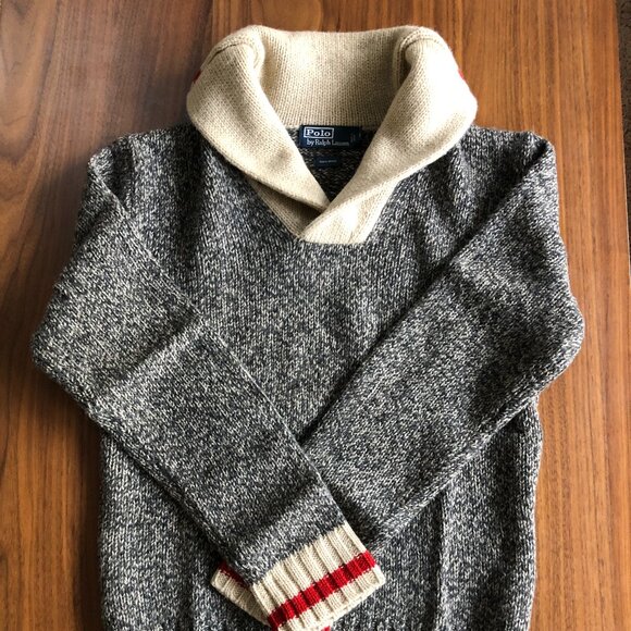 Polo Ralph Lauren Wool  'Sock Monkey' Sweater Small Heather Grey Shawl Collar - Picture 1 of 6